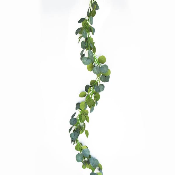 LIVING LUXURY 6 ft. Frosted Green Artificial Eucalyptus Silver Dollar Leaf Vine Hanging Plant Greenery Foliage Garland