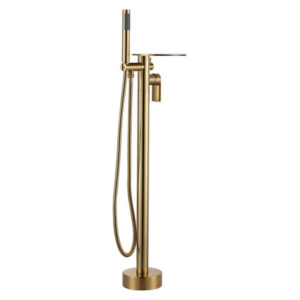 Single-Handle Floor Mount Freestanding Tub Faucet with Hand Shower and Waterfall Spout in Gold