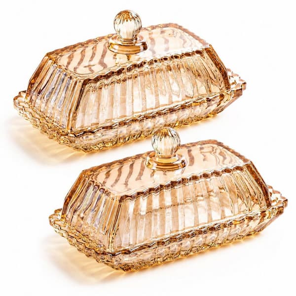 2-Pack Glass Butter Dish with Lid Champagne Rectangular Covered Storage Container for Counter and Fridge