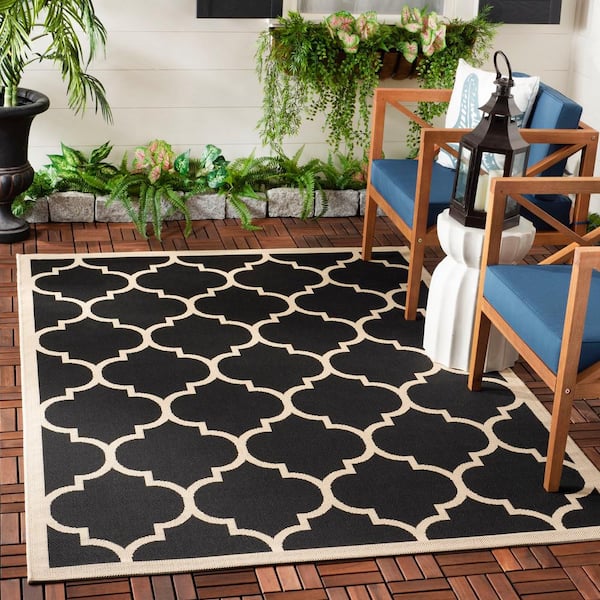Courtyard Black/Beige 8 ft. x 8 ft. Square Geometric Indoor/Outdoor Patio  Area Rug