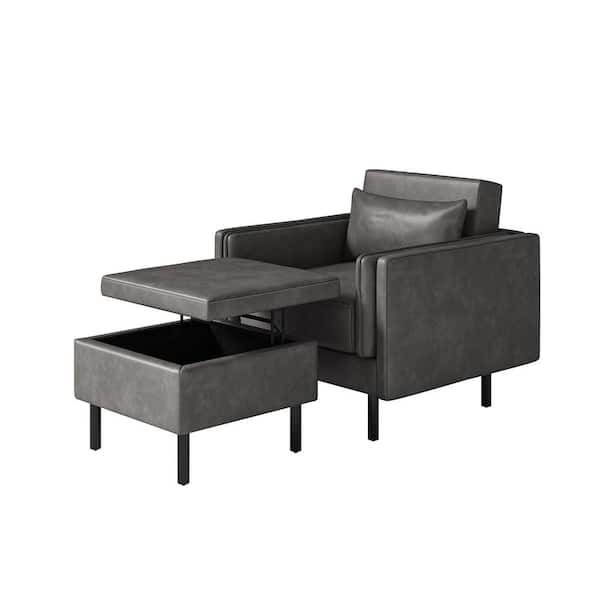 JAYDEN CREATION Harald Grey Modern Leather 35" Wide Armchair with Lift-top Storage Ottoman