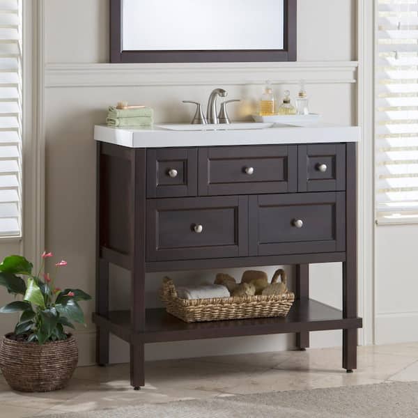 Glacier Bay Ashland 37 in. W x 19 in. D x 37 in. H Single Sink Freestanding Bath Vanity in Chocolate with White Cultured Marble Top