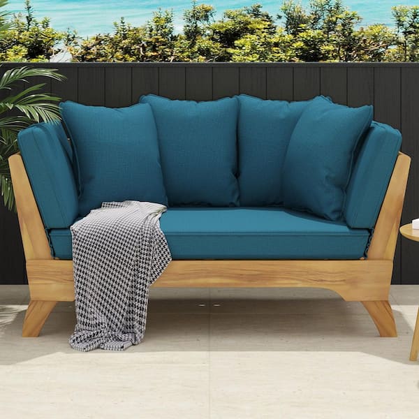 1-Piece Wood Outdoor Couch with Blue Cushions