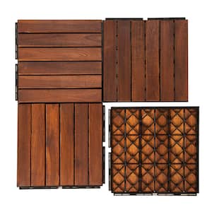 12 in. x 12 in. Brown Striped Pattern Square Wood Interlocking Flooring Tiles for Deck Patio Poolside (30-Tiles)