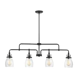 Belton 4-Light Midnight Black Linear Island Chandelier with Clear Seeded Glass Shades and LED Light Bulbs