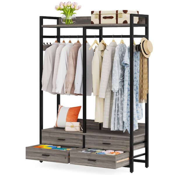 Carmalita Gray Wood 47.2 in. Armoire Closet Clothes Shelf Garment Rack 4 Drawers 8 Hooks Industrial Entryway Hall Tree