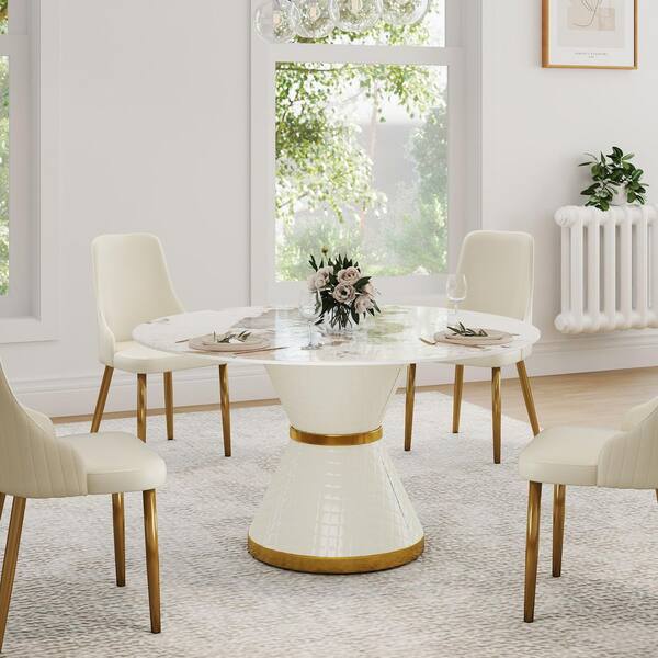 53 in. Pandora Sintered Stone Round Top Pedestal White Metal Base Dining Table (Seats 6)