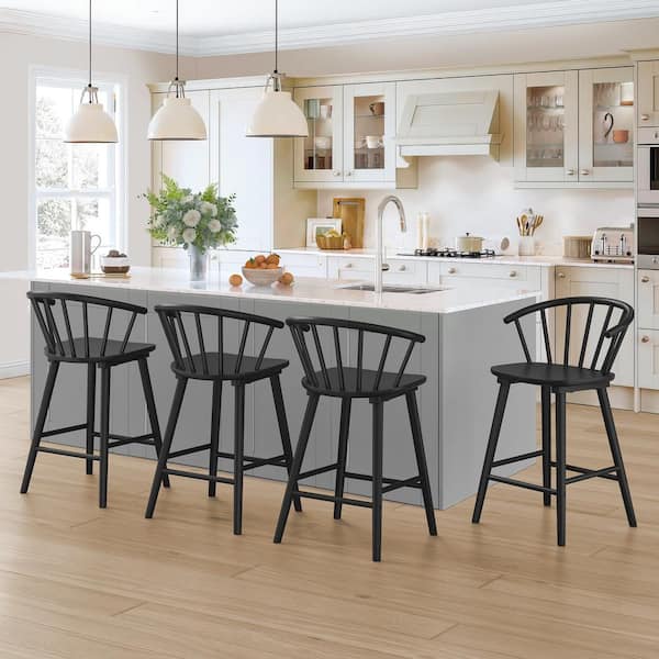 Winson Windsor 24 in.Black Solid Wood Bar Stool for Kitchen Island Counter Stool with Spindle Back Set of 4