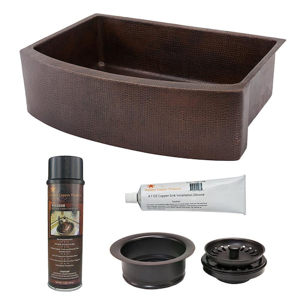 Premier Copper Products Undermount Hammered Copper 33 in. 0-Hole Rounded Single Bowl Kitchen Sink and Drain in Oil Rubbed Bronze
