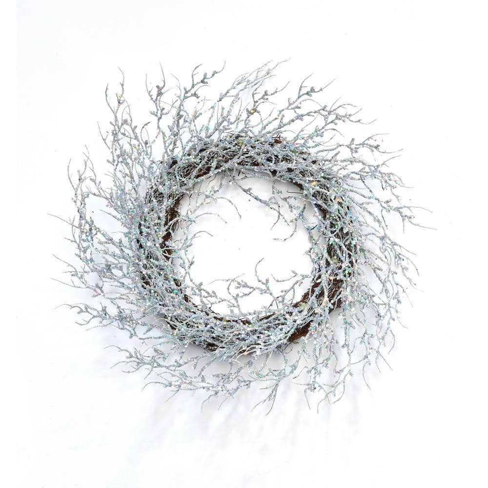 22 in. Silver Artificial Christmas Wreath with Glitter Coral Twig