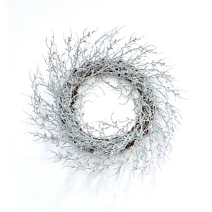 22 in. Silver Artificial Christmas Wreath with Glitter Coral Twig