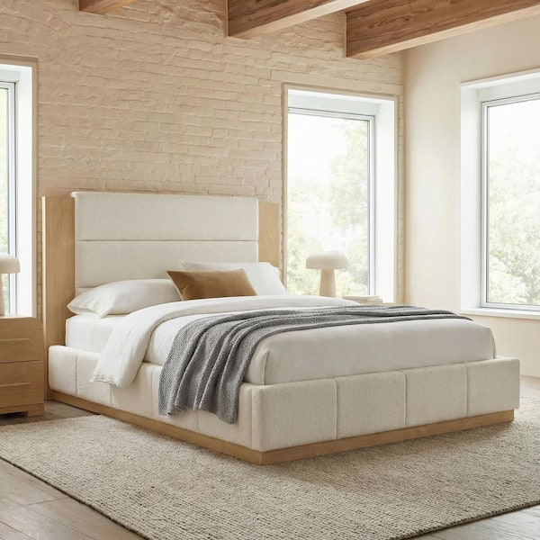 Thora Minimalist Modern White Wood Frame King Size Platform Bed with Velvet Upholstered Headboard, Wood Base