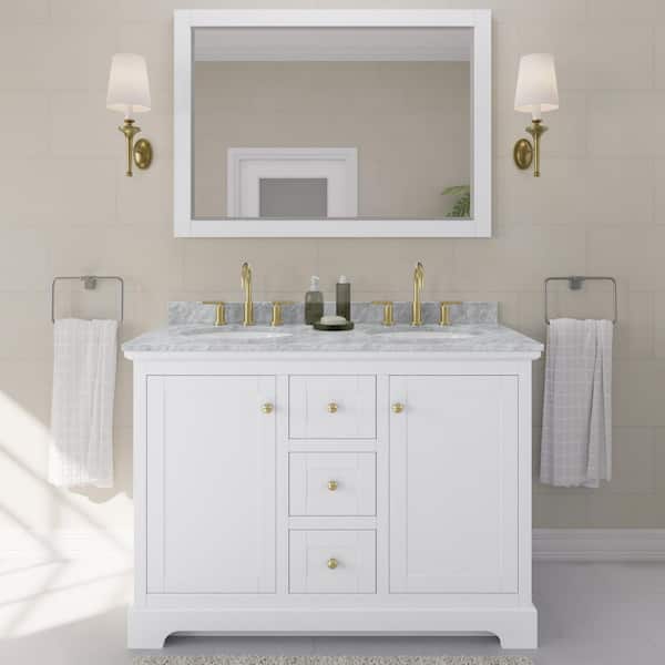 Wyndham Collection Avery 48 in. W x 22 in. D Double Bath Vanity in White with Marble Vanity Top in White with White Basins