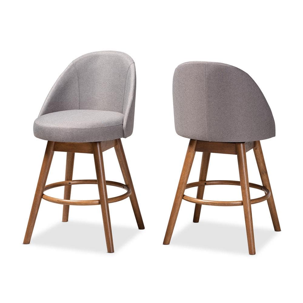 Gray Fabric Upholstered Walnut Wood Swivel Counter Stools, Set of 2