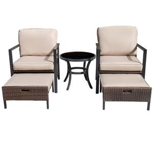 Rugged and Very Comfortable 5-Piece Wicker Outdoor Patio Conversation Set with Beige Cushions