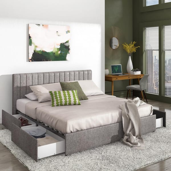 Homesullivan Grey Linen Upholstered, Headboard Storage King Bed
