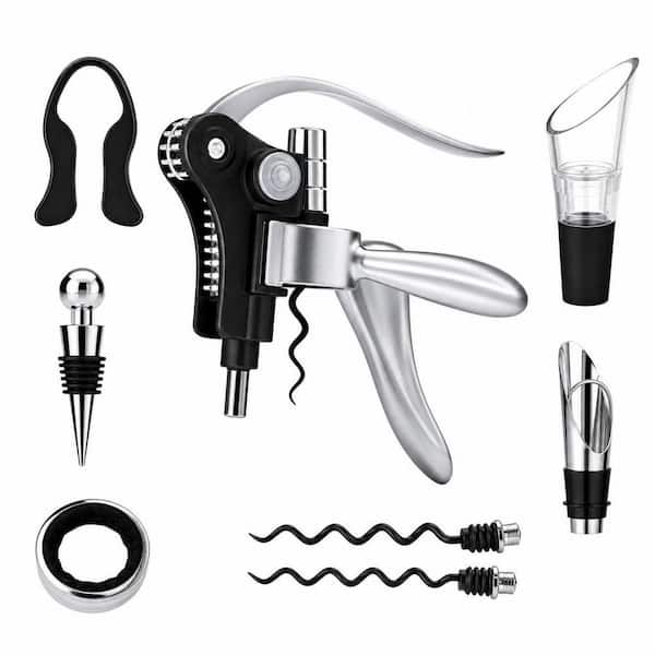 Silver Wine Opener Set with Corkscrew, Foil Knife, Wine Pourer, Bubbler, Collar, Stopper, 2-Extra Screws and Gift Box