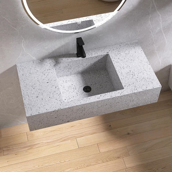 39 in. x 20 in. x 8 in. Terrazzo Solid Surface Wall-Mounted Bathroom Vessel Sink in Gray with Faucet Hole