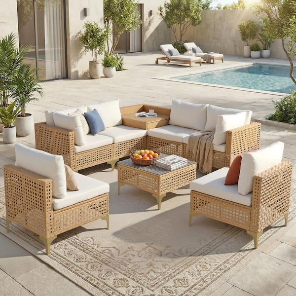 New 8-Pieces Wicker Outdoor Patio Conversation Furniture Set with Cushion Guard Beige Cushions and Storage Box