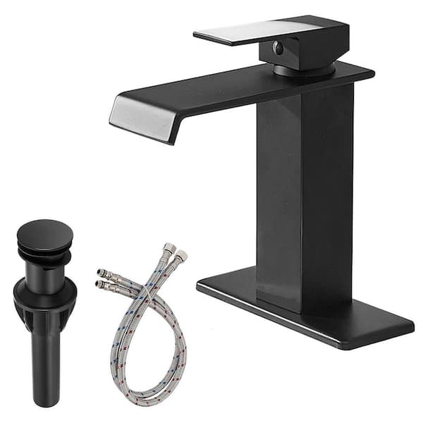 Single Handle Waterfall Spout Single Hole Bathroom Faucet with Deckplate and Drain and Touch On Matte Black 1 Pack