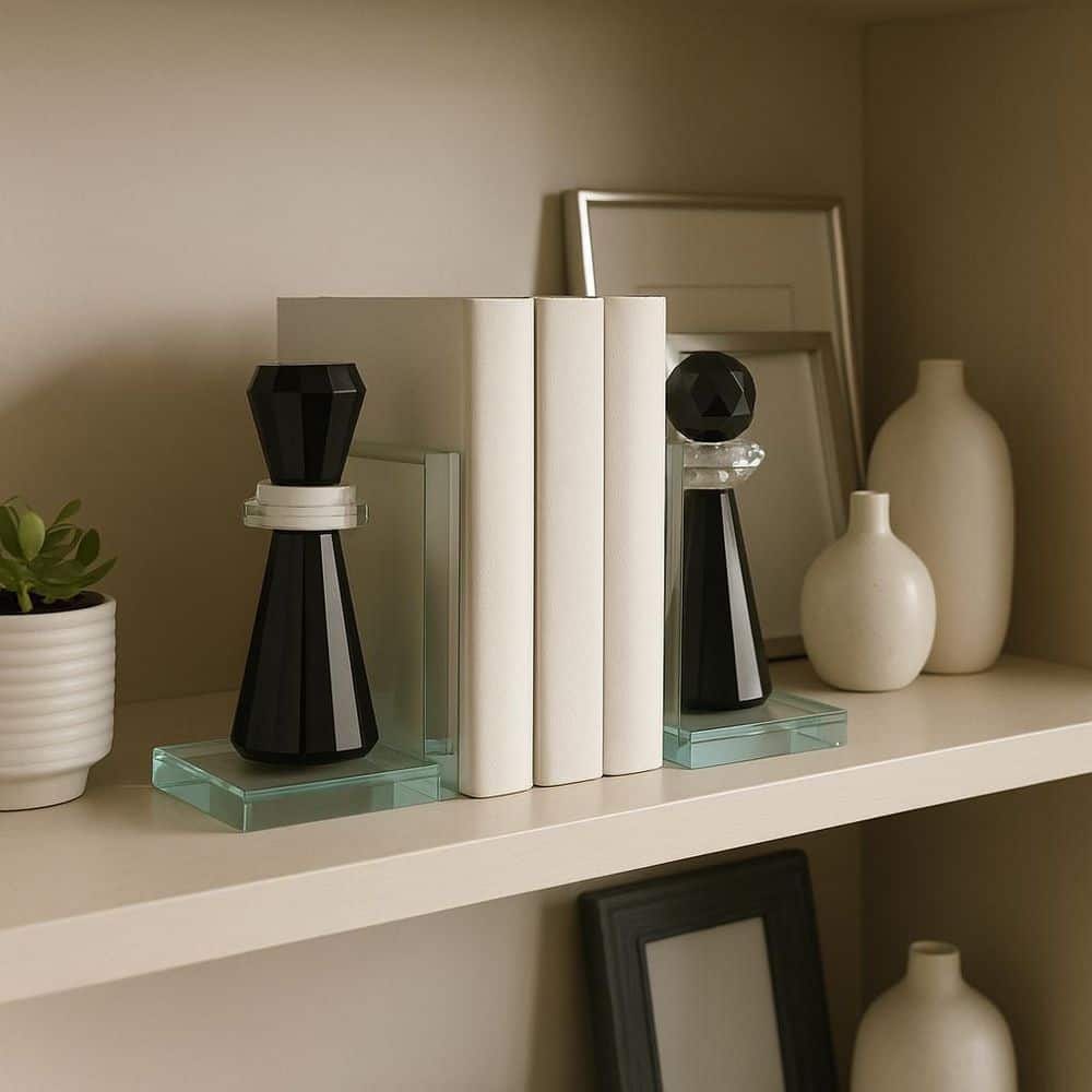 Black/Clear 5 in. x 7 in. Crystal Chess Piece Inspired Decorative Bookends (Set of 2)