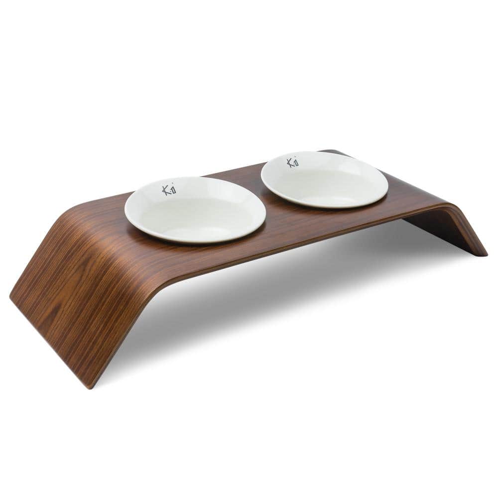 Walnut Elevated Ceramic Pet Food Table with Dual Bowls