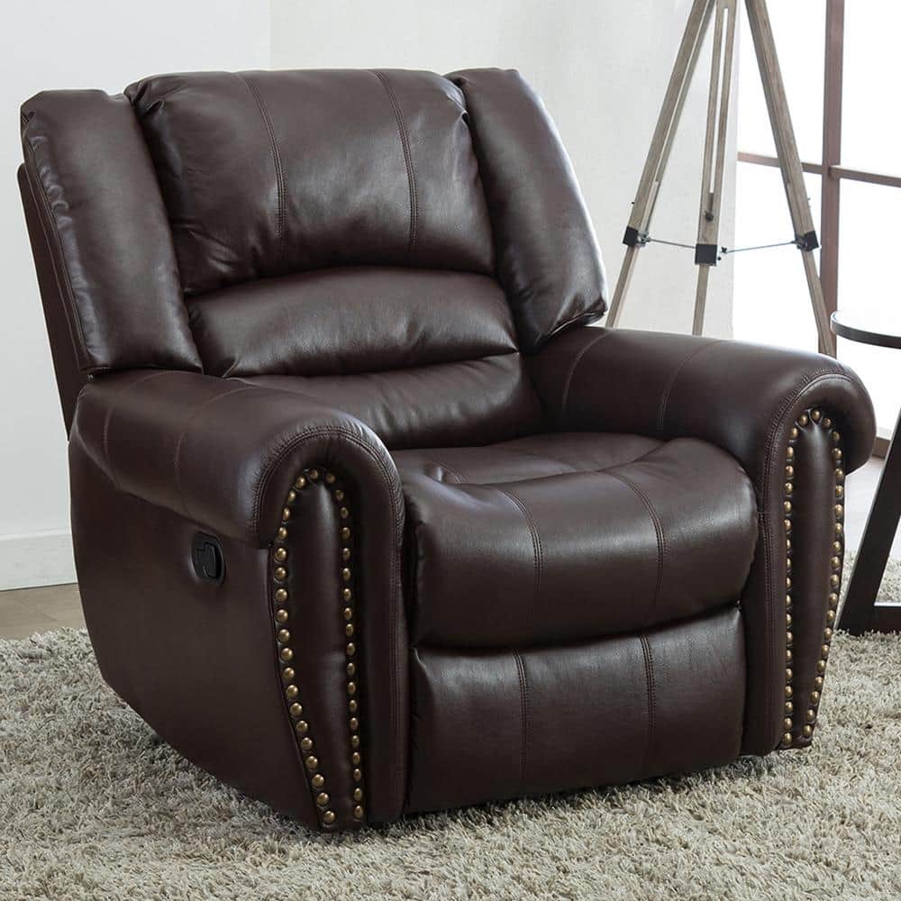 Tall Brown Faux Leather Nailhead Trim, Oversized Leather Recliner For Two