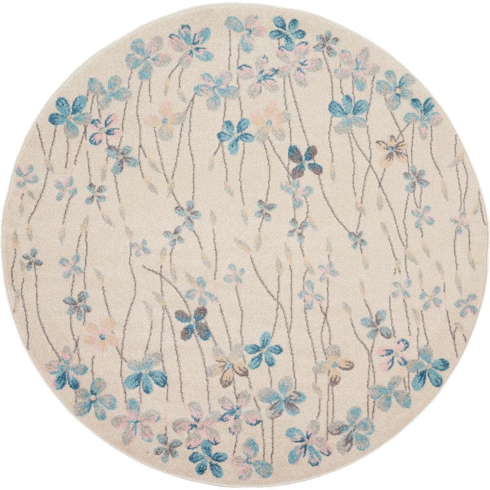 Ivory Floral Bliss Round Braided Area Rug, 63" Diameter