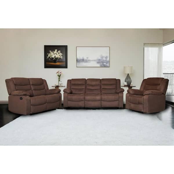 Ellesophas Modern 3-Piece Brown Manual Reclining Living Room Sofa Set with Dropdown Table & Cup Holders HD-5104662106B