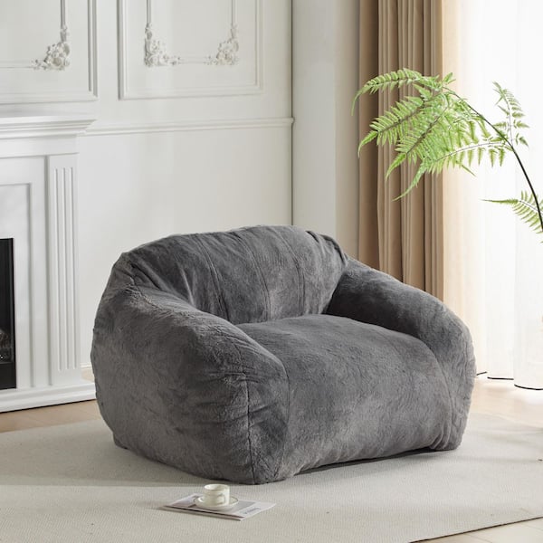 Natalie Gray Faux Fur Modern Polyester Upholstery Bean Bag Chair with Armrests