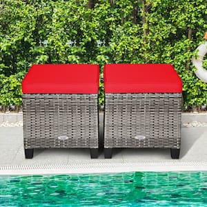 Wicker Rattan Outdoor Patio Ottoman Footrest Wicker Footstool with Red Cushions (Set of 2)
