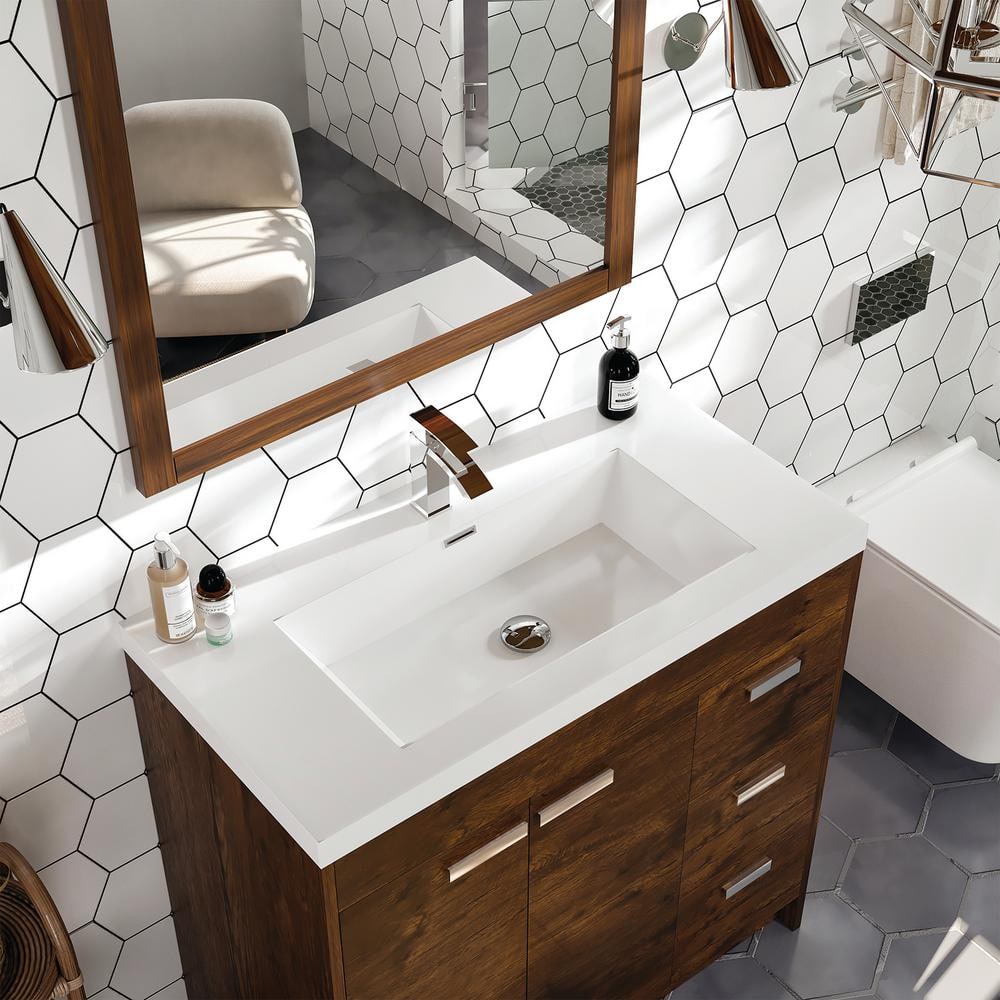 Lugano 36" Rosewood Modern Bathroom Vanity with White Acrylic Top