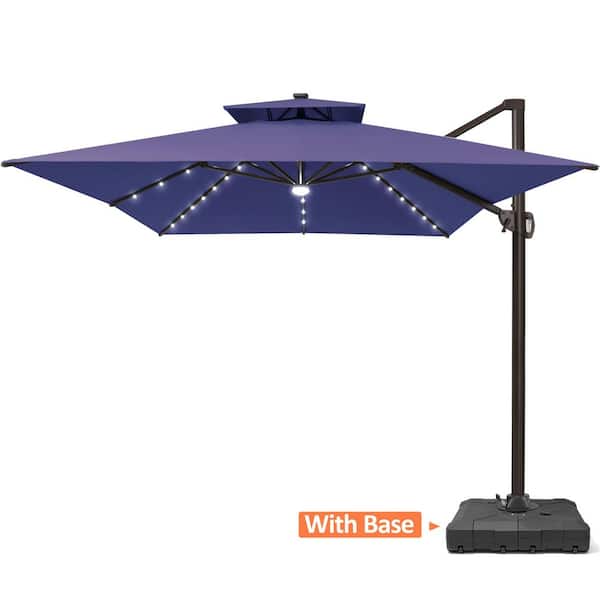 Double Top 13 ft. x 10 ft. 360° Swivel Solar LED Lighted Cantilever Patio Umbrella in Navy with 220 lbs. Umbrella Base