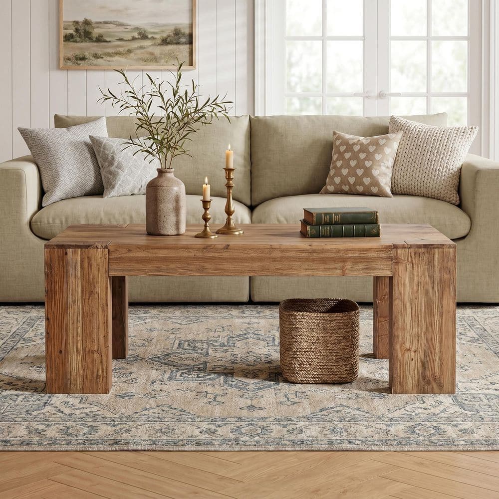 Kerlin 55.12 in. L x 27.56 in. W Large Rectangle Brown Solid Wood Coffee Table, Farmhouse Center Table for Living Room price history on PriceWatchPro