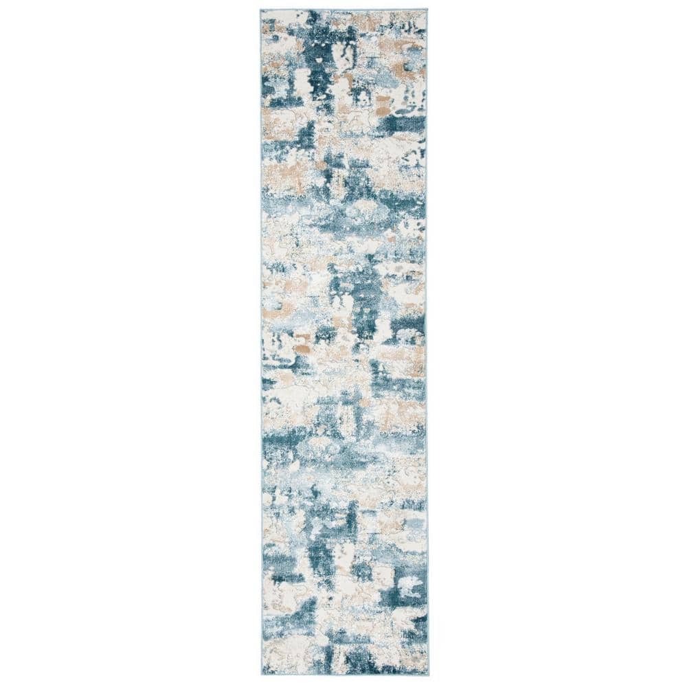 Abstract Beige & Turquoise 24"x10" Synthetic Easy-Care Runner Rug