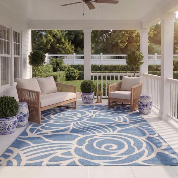 Courtyard Blue/Beige 8 ft. x 11 ft. Floral Indoor/Outdoor Patio  Area Rug