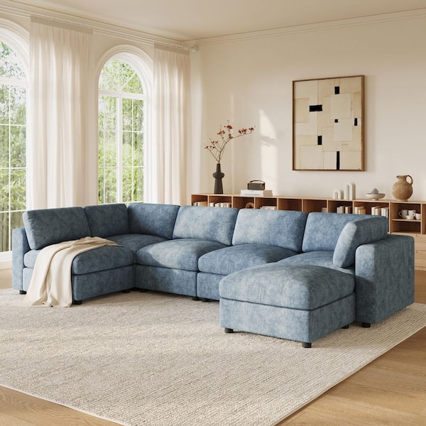 129 in. Chenille Modular Sectional Sofa in Blue with Ottoman