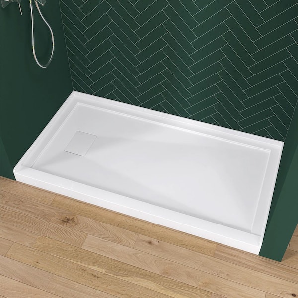 Zeafive Moca 60 in. L x 32 in. W Alcove Single Threshold Acrylic Shower Pan Base with Left Drain and Cover Shower Tray in White