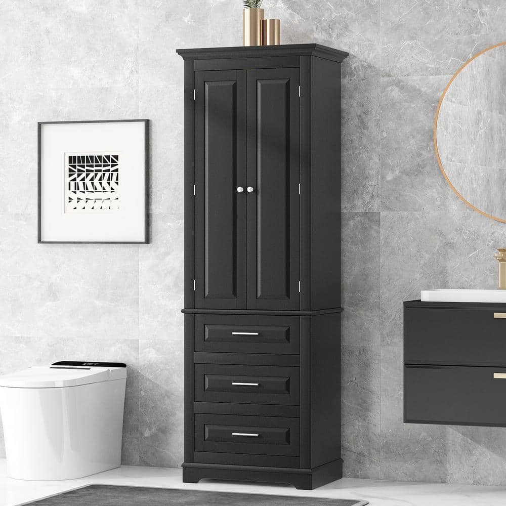 24 in. W x 15.7 in. D x 70 in. H Black MDF Freestanding Tall Linen Cabinet 