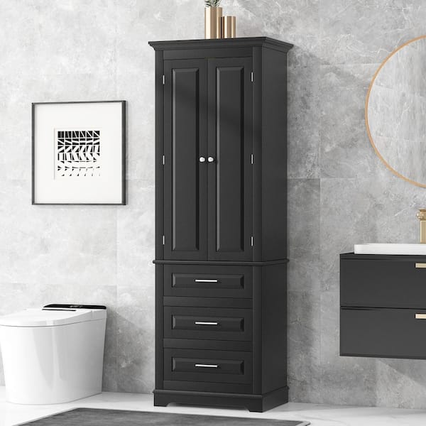 EPOWP 24 in. W x 15.7 in. D x 70 in. H Black MDF Freestanding Tall Linen Cabinet with Adjustable Shelves and Drawers in Black