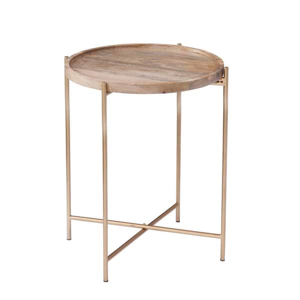 Martin Svensson Home Hemingway 18 in. Natural Mango and Gold Round Solid Wood Tray Top End Table