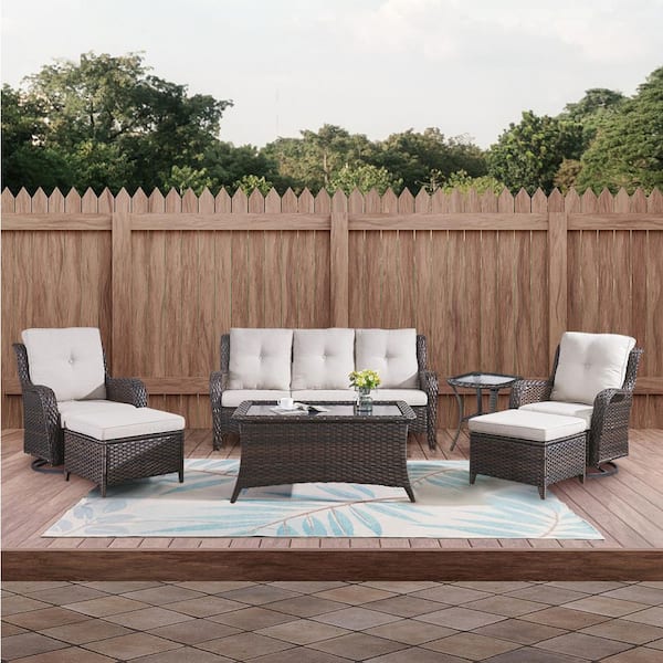 Brown 7-Piece Wicker Patio Conversation Set with Swivel Rockers, Outdoor Sofa Seating Set with Olefin Beige Cushions