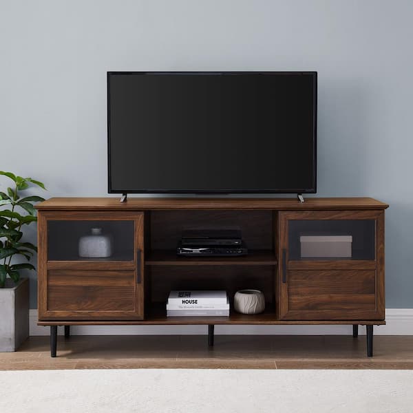 58 in. Transitional Dark Walnut Wood TV Stand with Glass and Wood Doors (Max TV Size 65 in.)