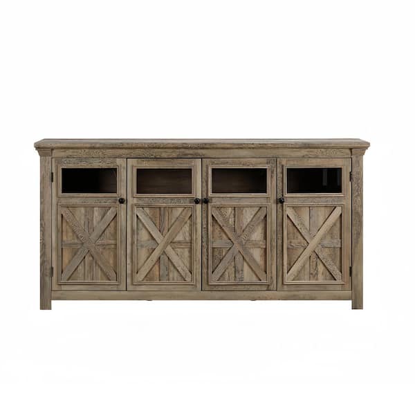 FUNKOL 68.3 in. x 15.35 in. x 34.65 in. Vintage MDF Ready to Assemble Base Storage Cabinet in Gray with 4-Doors