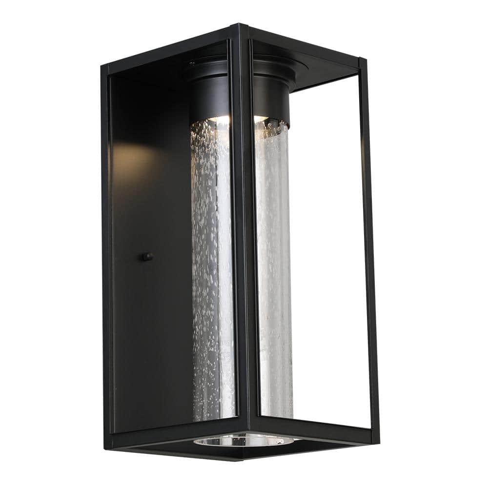 Eglo Walker Hill 7.52 in. W x 15 in. H 1-Light Matte Black LED Outdoor Wall Lantern Sconce with Clear Seedy Glass Shade -  204705A