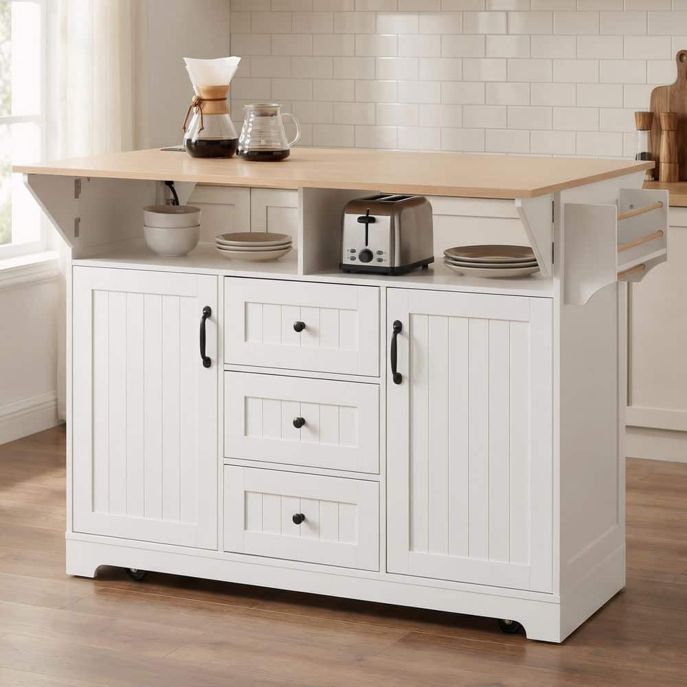 Ximuprmy White Wood 55 in. Kitchen Island with 2 Drop Leaf, 2-Power ...
