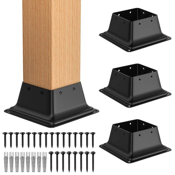 Steel Post Base Heavy Duty Powder-Coated for Wood Post Anchor Deck Porch Handrail Railing Support with Screws (4-Pack)