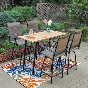 Black 5-Piece Metal Rectangle Outdoor Patio Bar Set with Wood-Look Bar Table and Padded Swivel Bistro Chairs