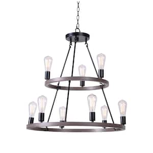 Stratton 9-Light 2-Tier Black and Woodgrain Wagon Wheel, Industrial Farmhouse Dining Room Chandelier with Bulbs Included