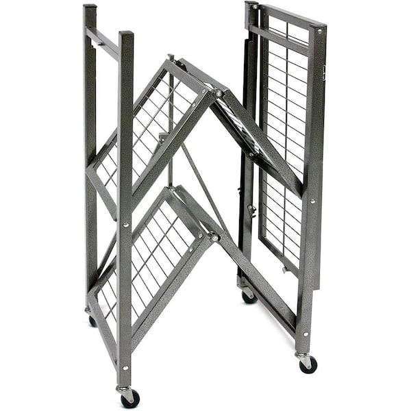 Origami Foldable 3-Tiered Shelf Storage Rack and Wheels, Pewter (2